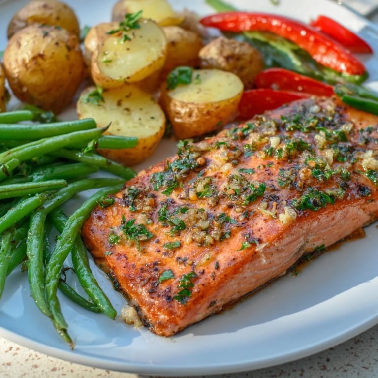 Close-up of baked Lemon Herb Salmon & Potato, offering a delicious, healthy, flavorful meal.