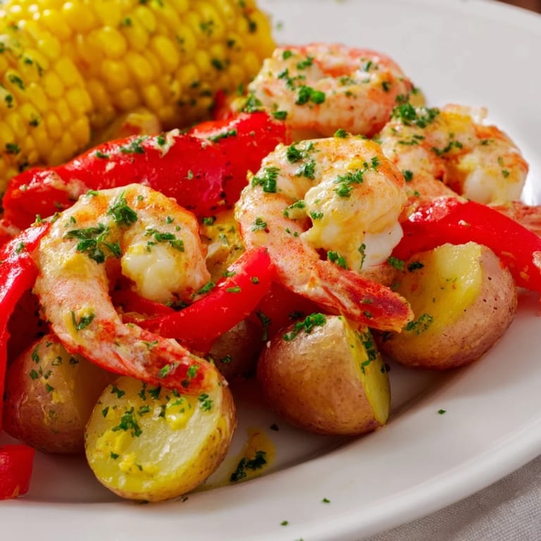 Spicy Cajun shrimp and sweet corn platter: a colorful image of a flavorful, easy-to-make dinner.