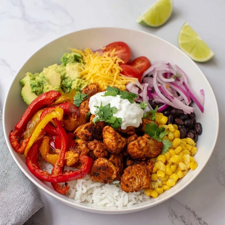 Enjoy a delicious visual feast of Sheet Pan Chicken Burrito Bowls, piled high with colorful toppings and served.