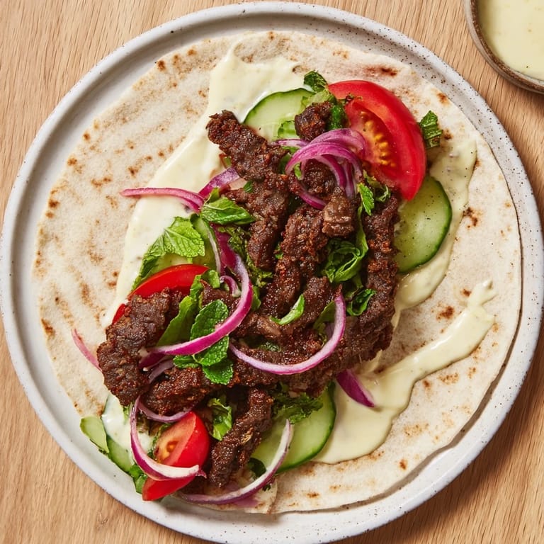 These flavorful Beef Shawarma Wraps feature tender beef and creamy sauce ready to enjoy for dinner.
