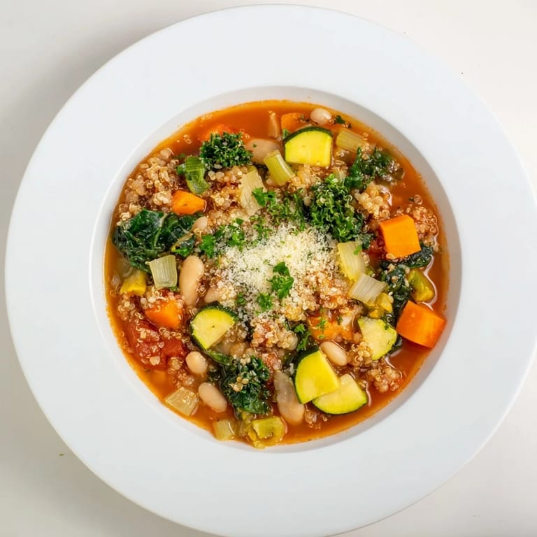A hearty, colorful bowl of Minestrone with Quinoa, featuring vibrant vegetables and creamy beans.