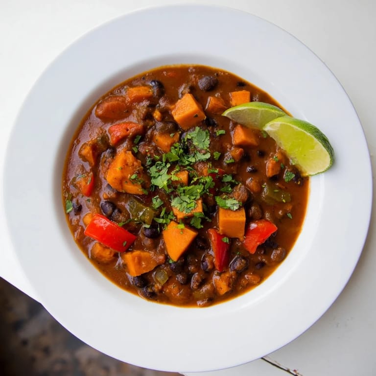 A close-up of the flavorful Sweet Potato & Black Bean Chili simmering in a pot with vibrant spices.