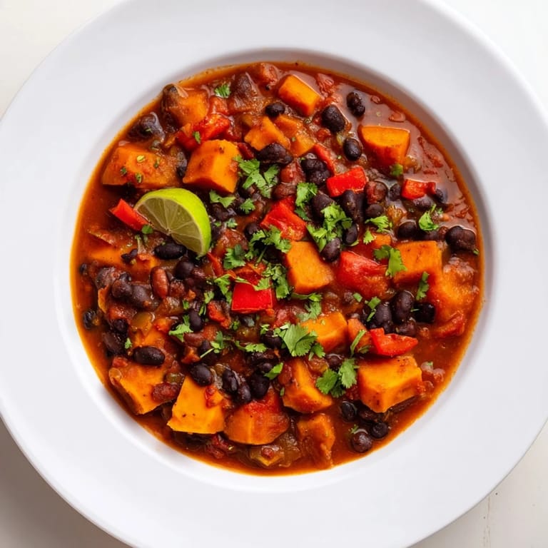 Hearty and comforting Sweet Potato & Black Bean Chili, perfect over rice with a squeeze of lime.