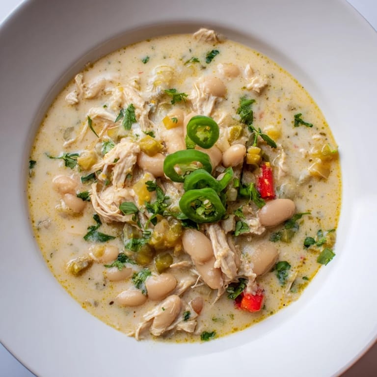 Savory creamy white chicken chili, garnished with fresh cilantro and a squeeze of lime.
