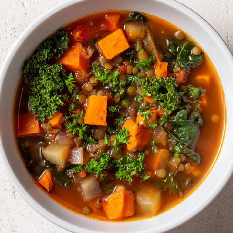 A comforting bowl of freshly made Winter Vegetable & Lentil Soup, full of warming spices and delicious flavors.