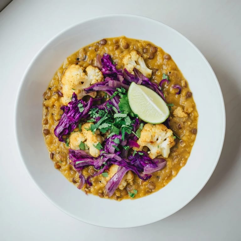 A steaming bowl of flavorful Red Cabbage, Cauliflower & Coconut Dhal with bright red cabbage and lentils.