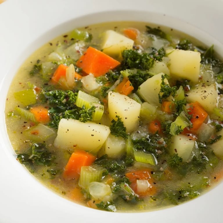 Close-up of a rustic bowl filled with fresh Vegetarian Potato-Kale Soup, perfect for a cozy, comforting meal.