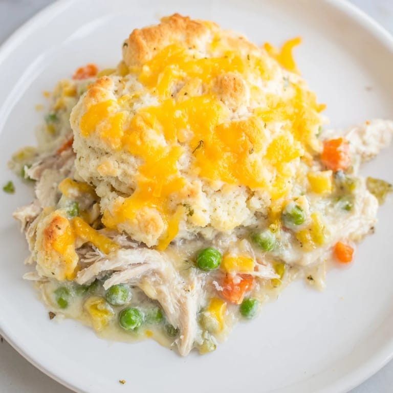 Golden-baked cheddar biscuits sitting atop a savory One-Pan Chicken Cobbler, perfect for a cozy dinner.