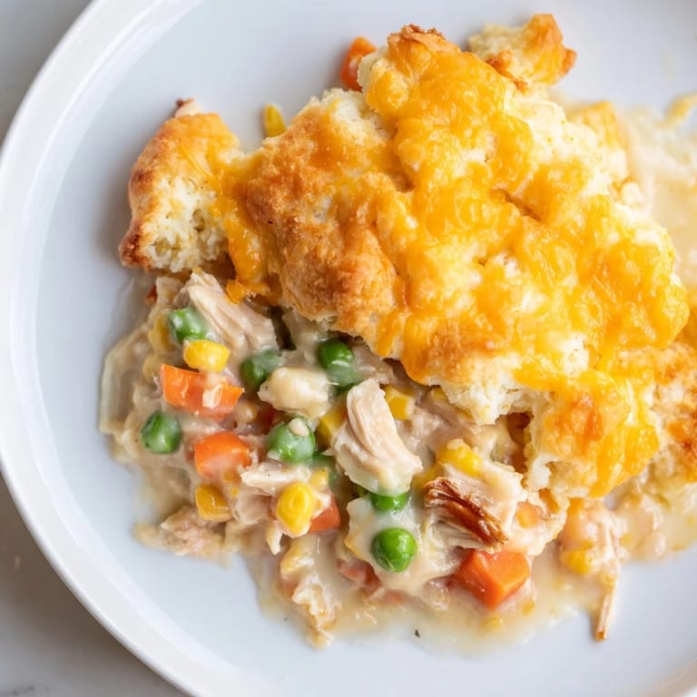 Hearty One-Pan Chicken Cobbler with a cheesy biscuit crust: a delicious, easy American comfort food dish.