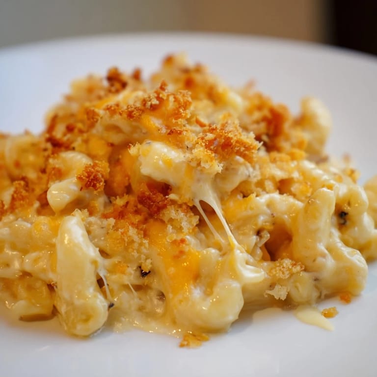 Homemade Mac & Cheese with Evaporated Milk bubbling hot in a baking dish, ready for serving.