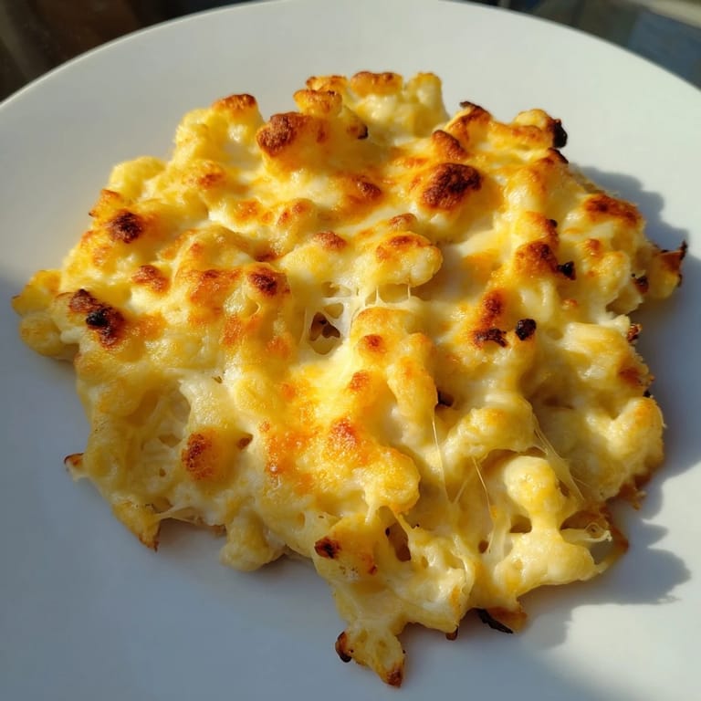 A delicious close-up of creamy Mac & Cheese with Evaporated Milk, topped with melted cheese.