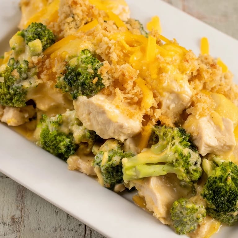 A close-up of a bubbling Chicken & Broccoli Cheddar Bake with a crispy, cheesy top.