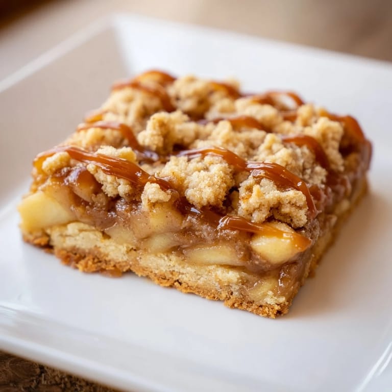 A close-up shot of rich, chewy Caramel Apple Cookie Bars, loaded with sweet apple pieces.