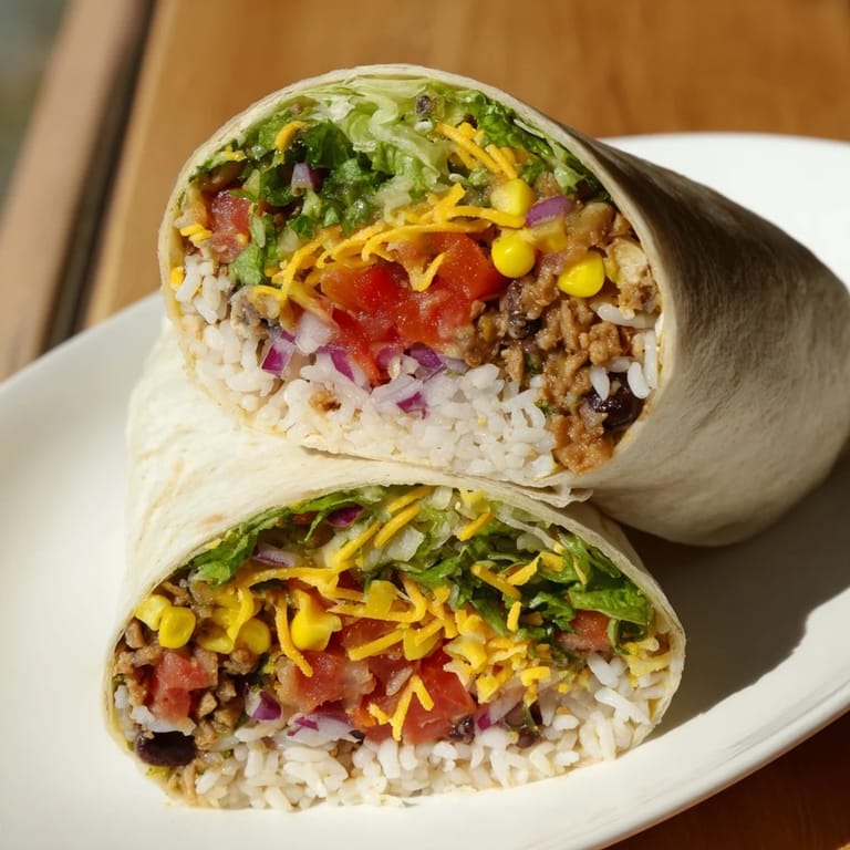 A close-up of a filled rice & bean burrito, cut open to show hearty black beans and fluffy rice.