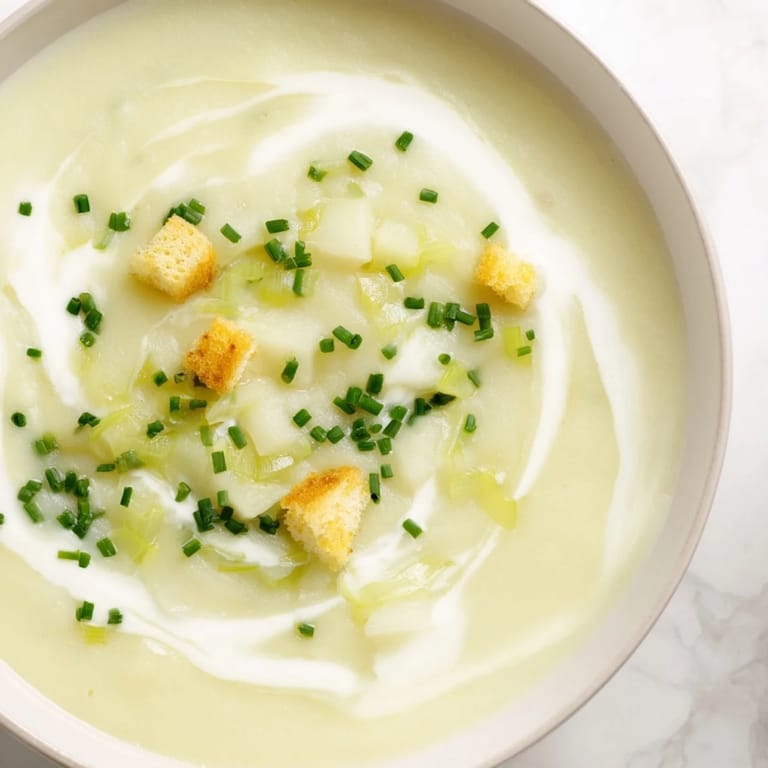 Creamy, delicious Potato Leek Soup, a velvety smooth texture after being blended, served in a bowl.