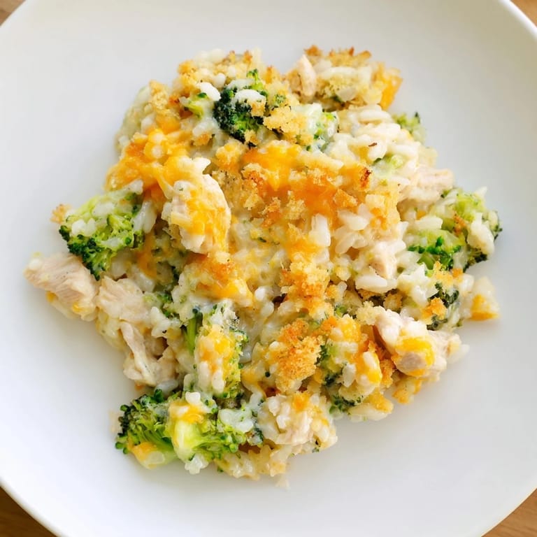 Steaming hot, cheesy Chicken & Broccoli Rice Casserole baked to perfection; imagine that savory aroma!
