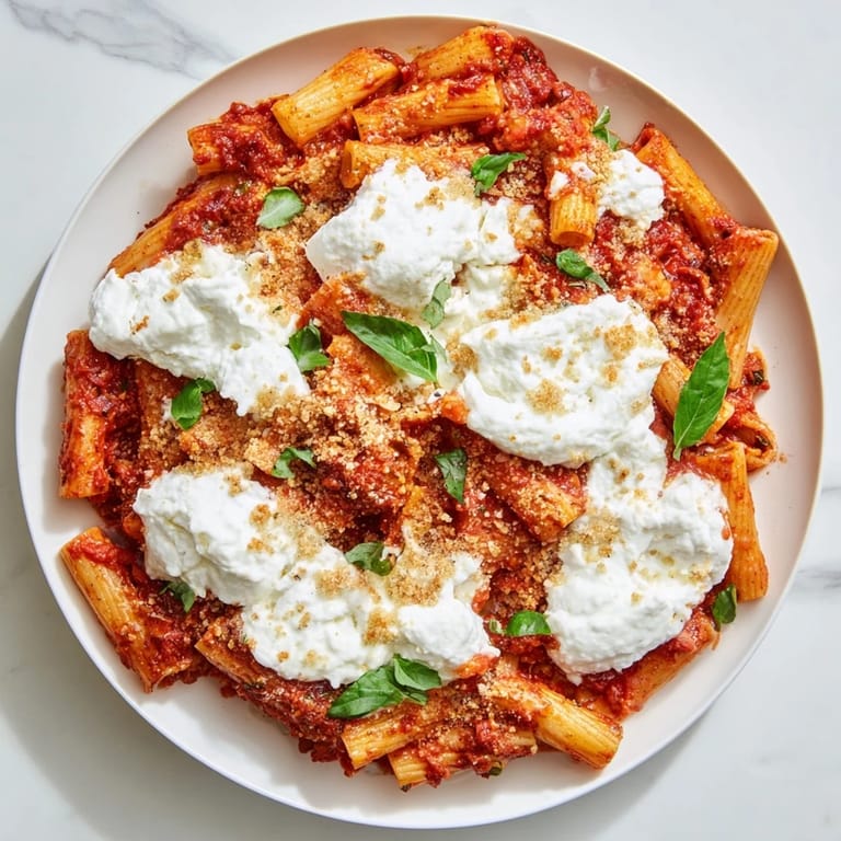 Enjoy this easy One-Pan Baked Ziti: tender pasta baked with rich marinara and fresh basil.