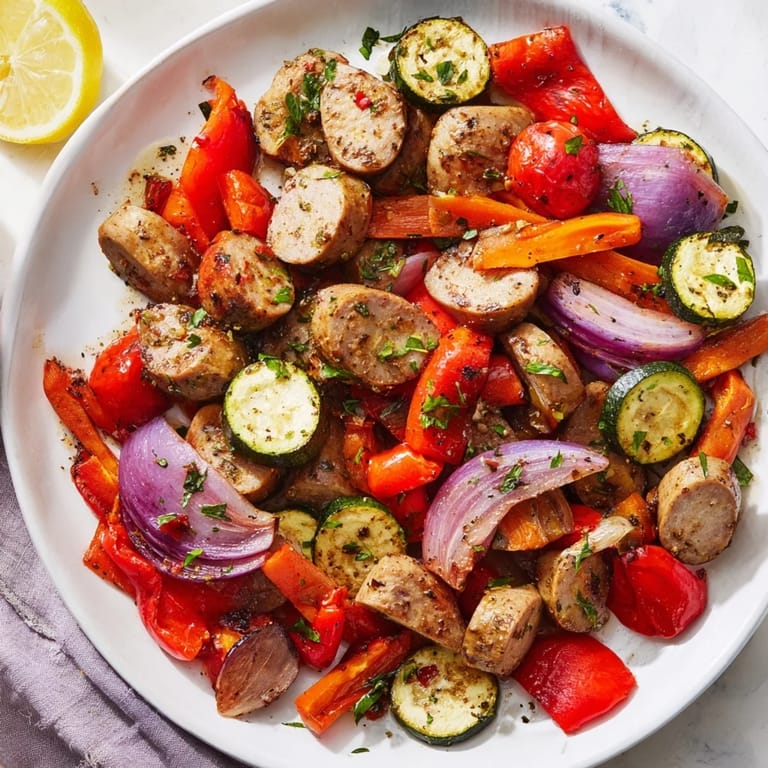 Golden-brown Sheet-Pan Roasted Veggies & Sausage with a hint of smoky paprika, perfect for a hearty meal.
