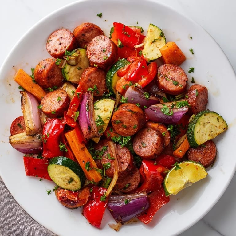 Delicious and simple Sheet-Pan Roasted Veggies & Sausage, a weeknight dinner with tender, roasted vegetables.