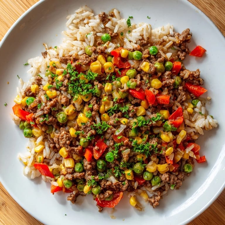 Enjoy a steaming bowl of Ground Beef Skillet loaded with savory beef, rice, and delicious vegetables.