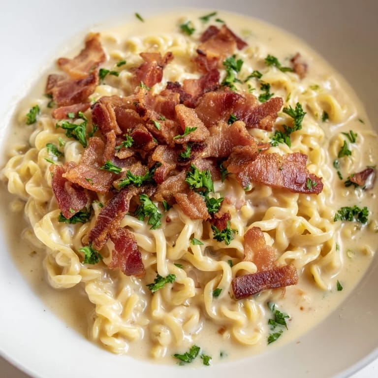Quick Instant Pot Carbonara Ramen Hack: a bowl of ramen with a rich carbonara sauce, ready in minutes.
