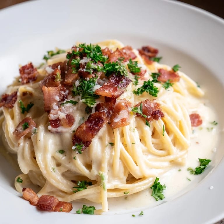 Savory Instant Pot Carbonara Ramen Hack, topped with crispy bacon and fresh parsley, Italian-Japanese fusion.