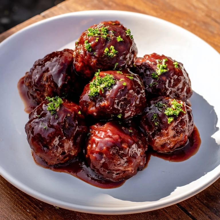 A close-up shot of tender, slow-cooked cherry BBQ meatballs, perfect for a party appetizer or easy dinner.