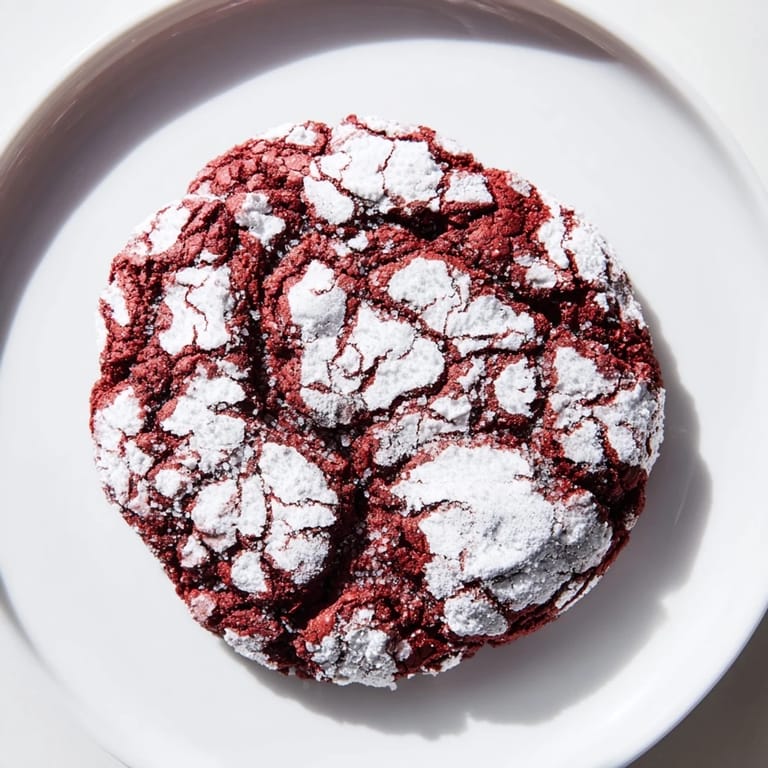 A close-up of soft, chewy Red Velvet Chocolate Crinkle Cookies, a perfect dessert for any occasion.