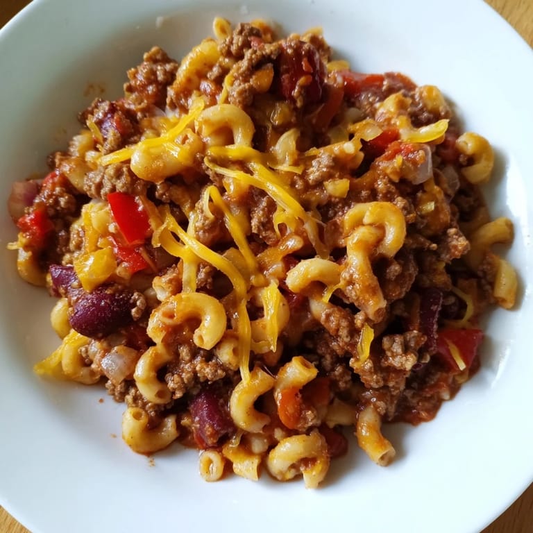 A bubbly, cheesy Cheeseburger Chili Mac Skillet showcasing a hearty scoop of this easy dinner.