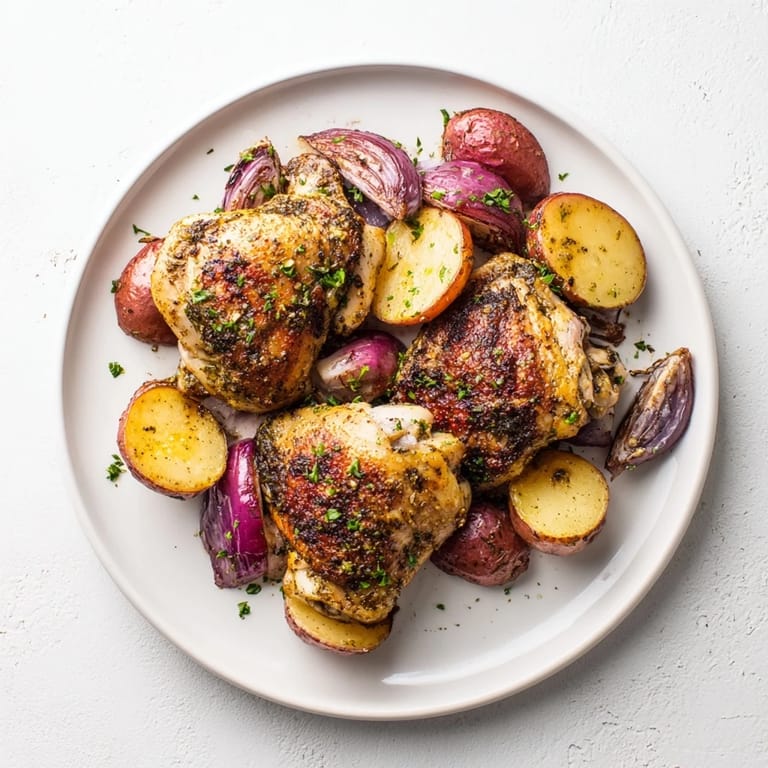 Enjoy a view of flavorful Sheet Pan Zaatar Chicken alongside tender, caramelized roasted potatoes ready to eat.