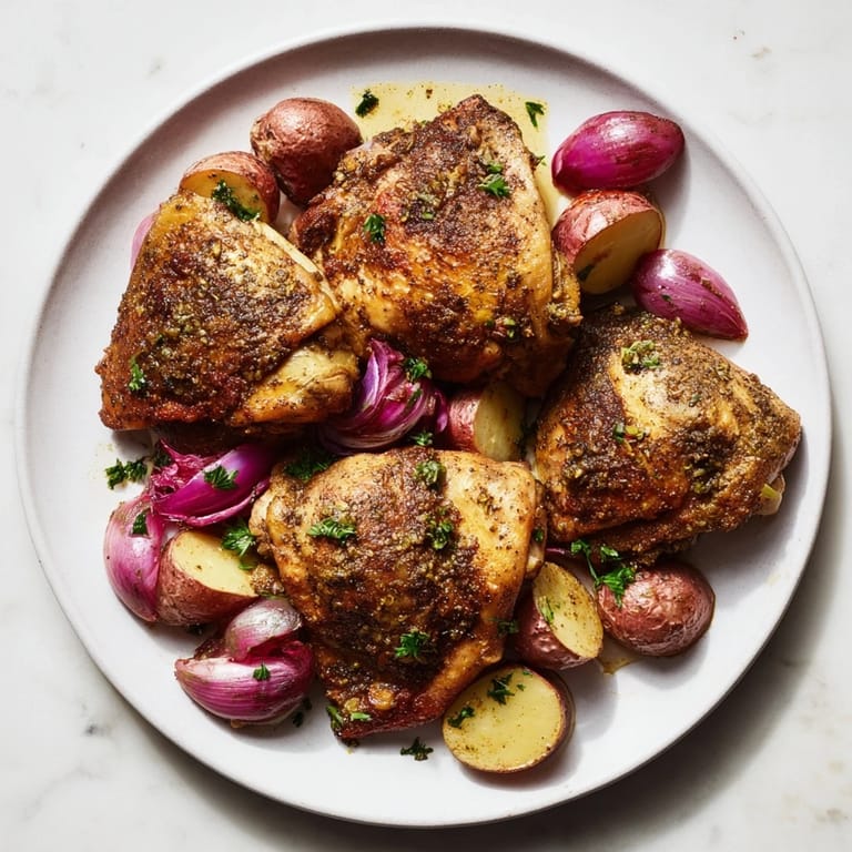 Juicy chicken thighs and roasted potatoes seasoned with zaatar create this easy Sheet Pan Zaatar Chicken dinner.