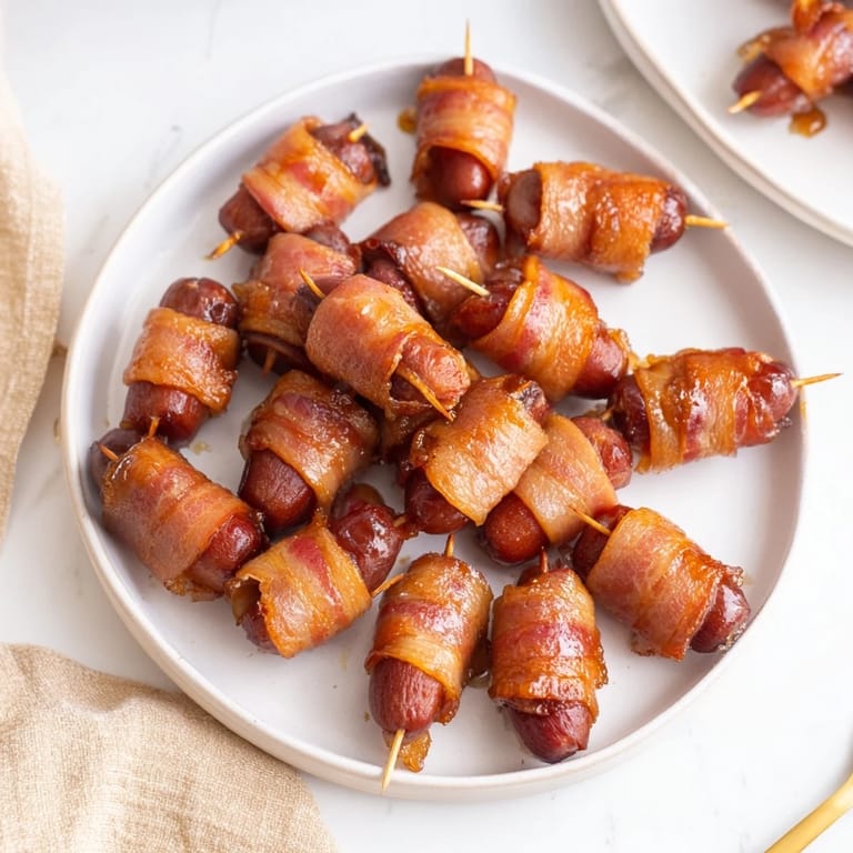 A close-up of 3-ingredient bacon-wrapped smokies, cooked to perfection and ready for game day.