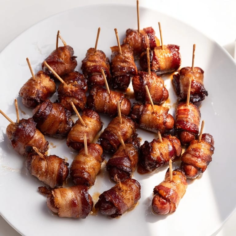 Golden brown, savory bacon-wrapped smokies, a simple appetizer perfect for holiday parties.
