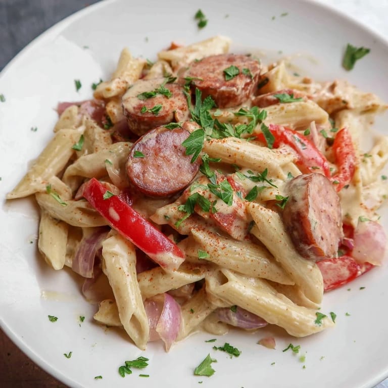 This delicious Smoked Sausage Cajun Alfredo features penne pasta, spicy sausage, and vegetables in a rich sauce.