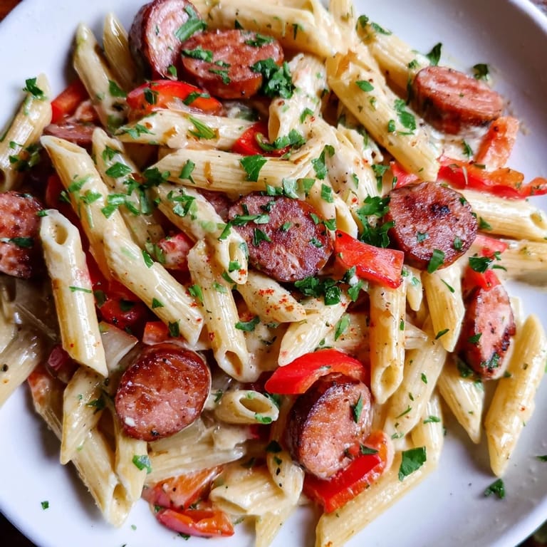 A vibrant bowl of Smoked Sausage Cajun Alfredo: Penne pasta swirled in a flavorful, creamy sauce.