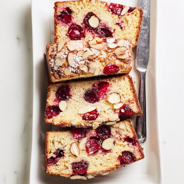 Sliced Cherry Almond Loaf Cake, showing the perfect crumb and scattered almonds, ready to eat.