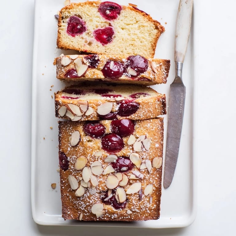 Close-up of a Cherry Almond Loaf Cake slice, highlighting the moist interior and delicate almond flavor.