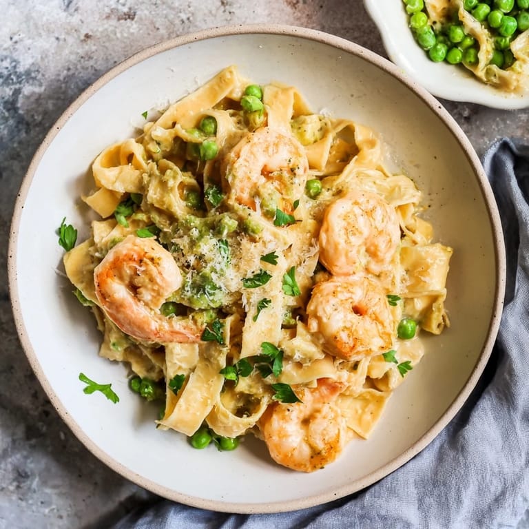 Freshly cooked, creamy Instant Pot Shrimp Alfredo Pasta topped with parsley, ready to serve!