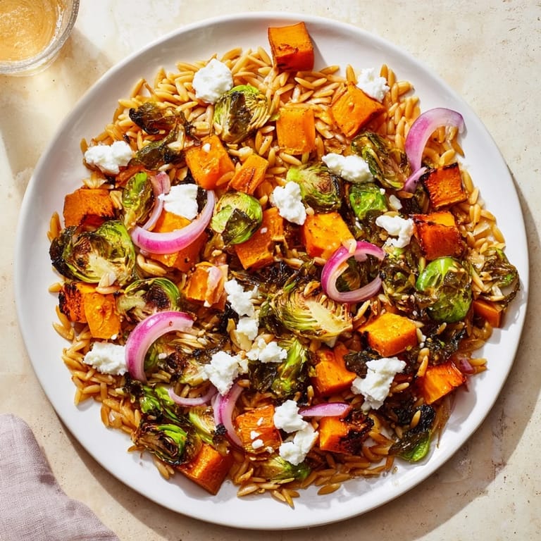 This Best Fall Harvest Orzo Salad features perfectly roasted vegetables and crumbled goat cheese, ready to be enjoyed.