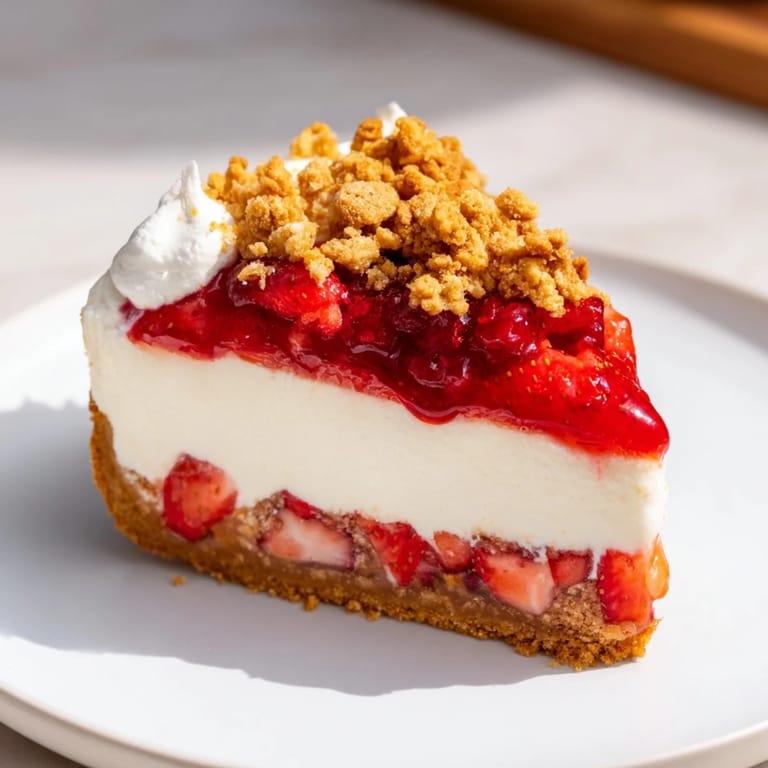 Visual of a slice: tall Strawberry Shortcake Cheesecake with fresh strawberries and whipped cream.