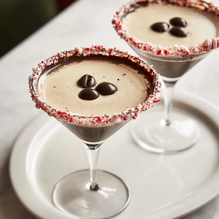 Festive Peppermint Espresso Martinis, chilled and frothy, garnished with espresso beans and ready to serve.