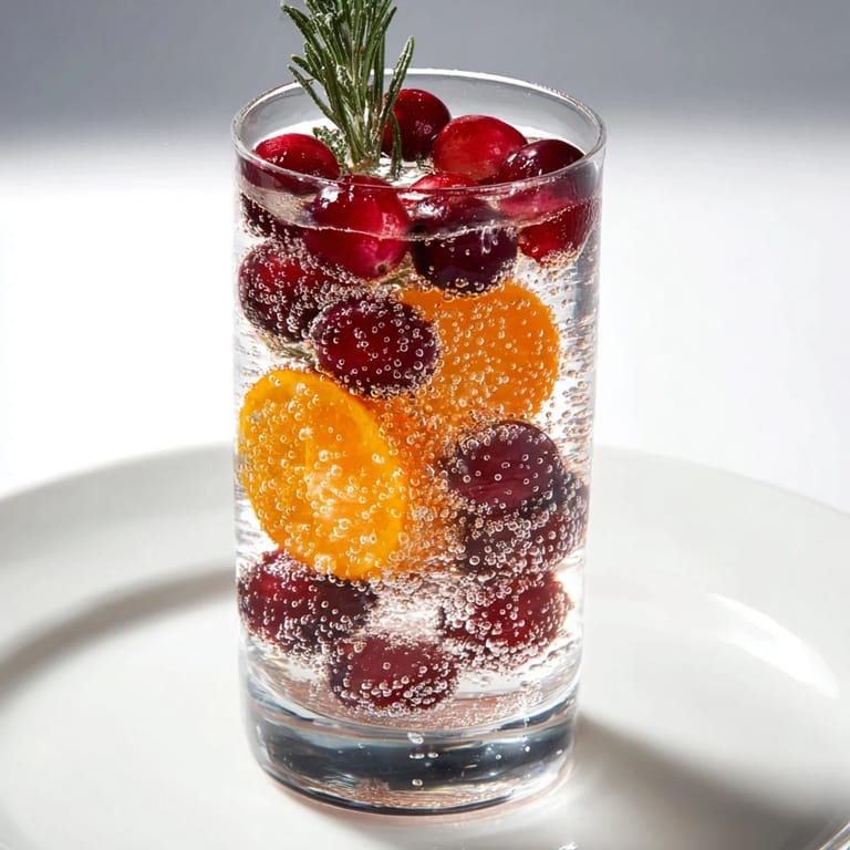This Snow Globe Mocktail shimmers with floating cranberries in a glass, a refreshing holiday sip.