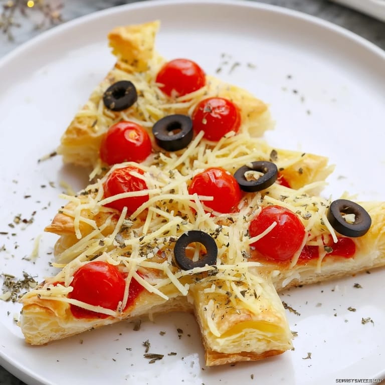 Cheesy, warm Puff Pastry Christmas Tree Pizza Bites on a baking sheet, ready to be enjoyed as snacks.