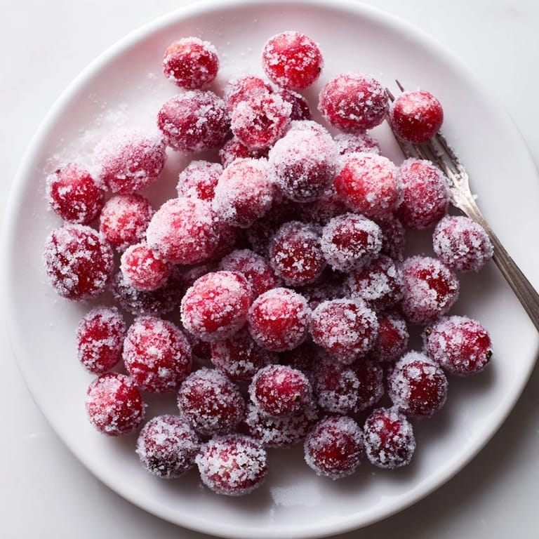 Close-up of candied, sugared 5-Minute Express Candied Cranberries: a sweet and tart treat for the season.