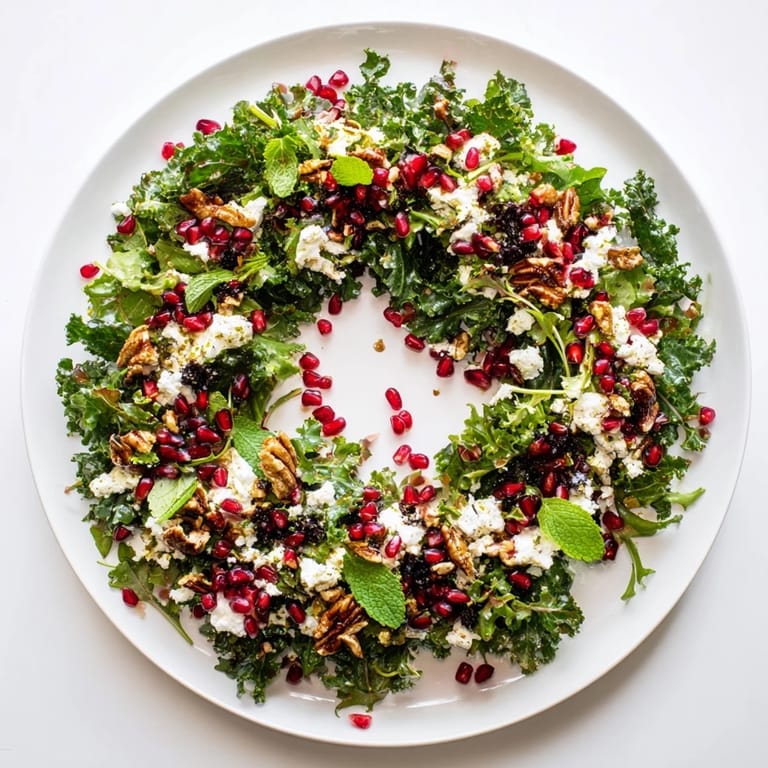 This stunning Pomegranate Feta Wreath Salad features a wreath of fresh greens, ready to enjoy.