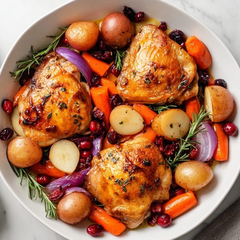 Aromatic one-pan olive oil roast chicken with cranberries, creating a beautiful and flavorful holiday meal.