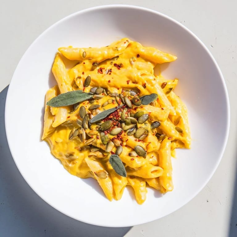 This Vegan Creamy Pumpkin Pasta dish showcases a comforting, savory sauce with hints of sage for a tasty meal.