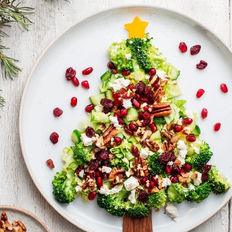 A beautifully arranged, delicious Chopped Christmas Tree Salad with crunchy nuts and zesty dressing is pictured.