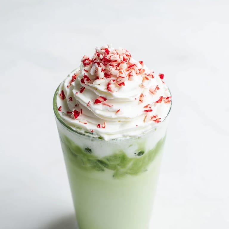 This Sugar-Free White Chocolate Candy Cane Iced Matcha shows a refreshing, layered drink with whipped cream and crushed candy.