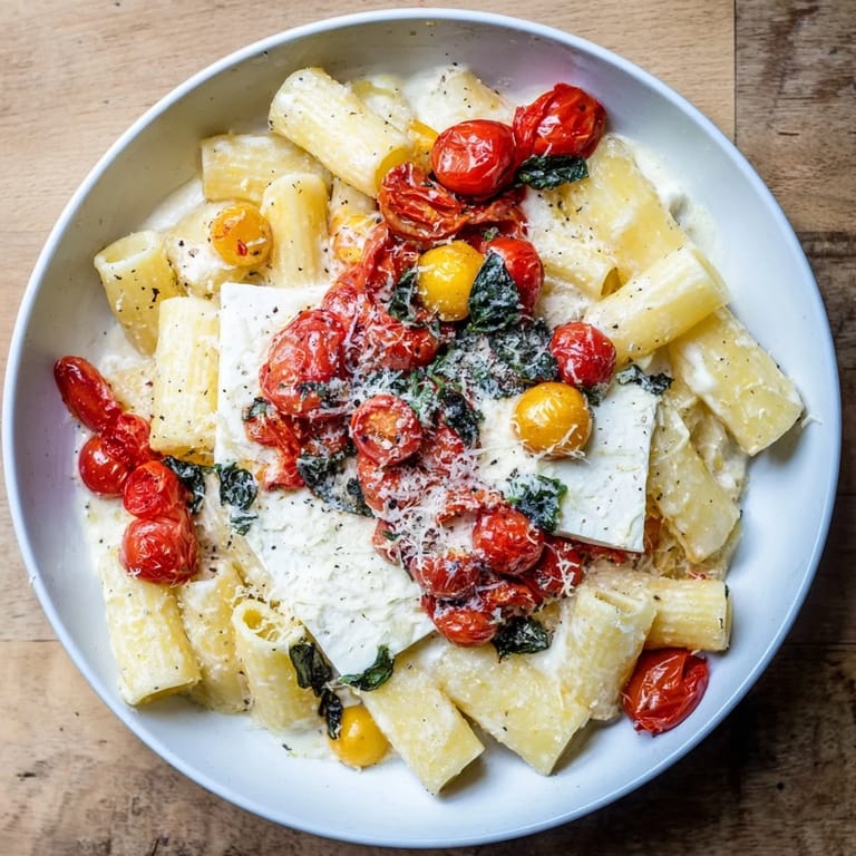 Grated Parmesan forms a snowy topping over the glistening Baked Feta Snowfall Cherry Tomato Christmas Pasta.